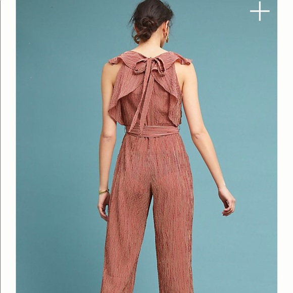 Eva Franco Anthropologie Ruffle Striped Jumpsuit Brown and Cream Pinstripe NWT - Picture 5 of 6